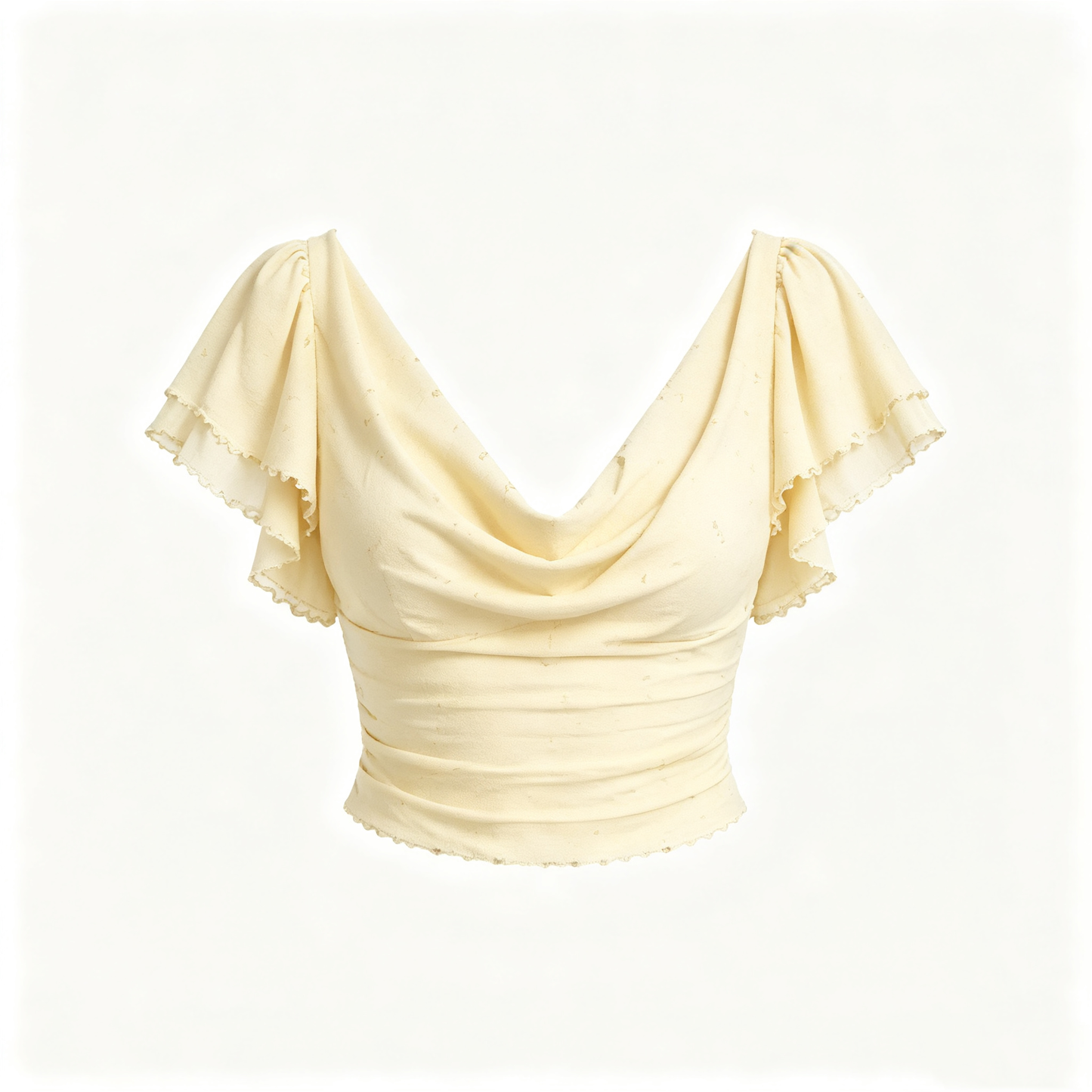 Cream Cowl Neck Flutter Short Sleeve Cropped Top