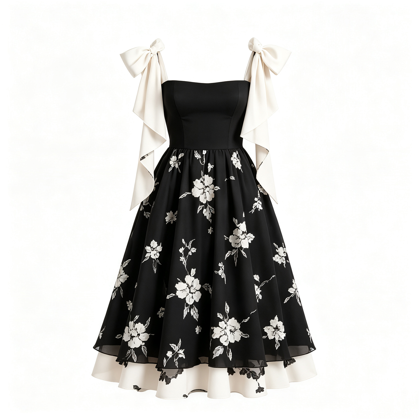 Black White Floral Bow Strap Midi Dress