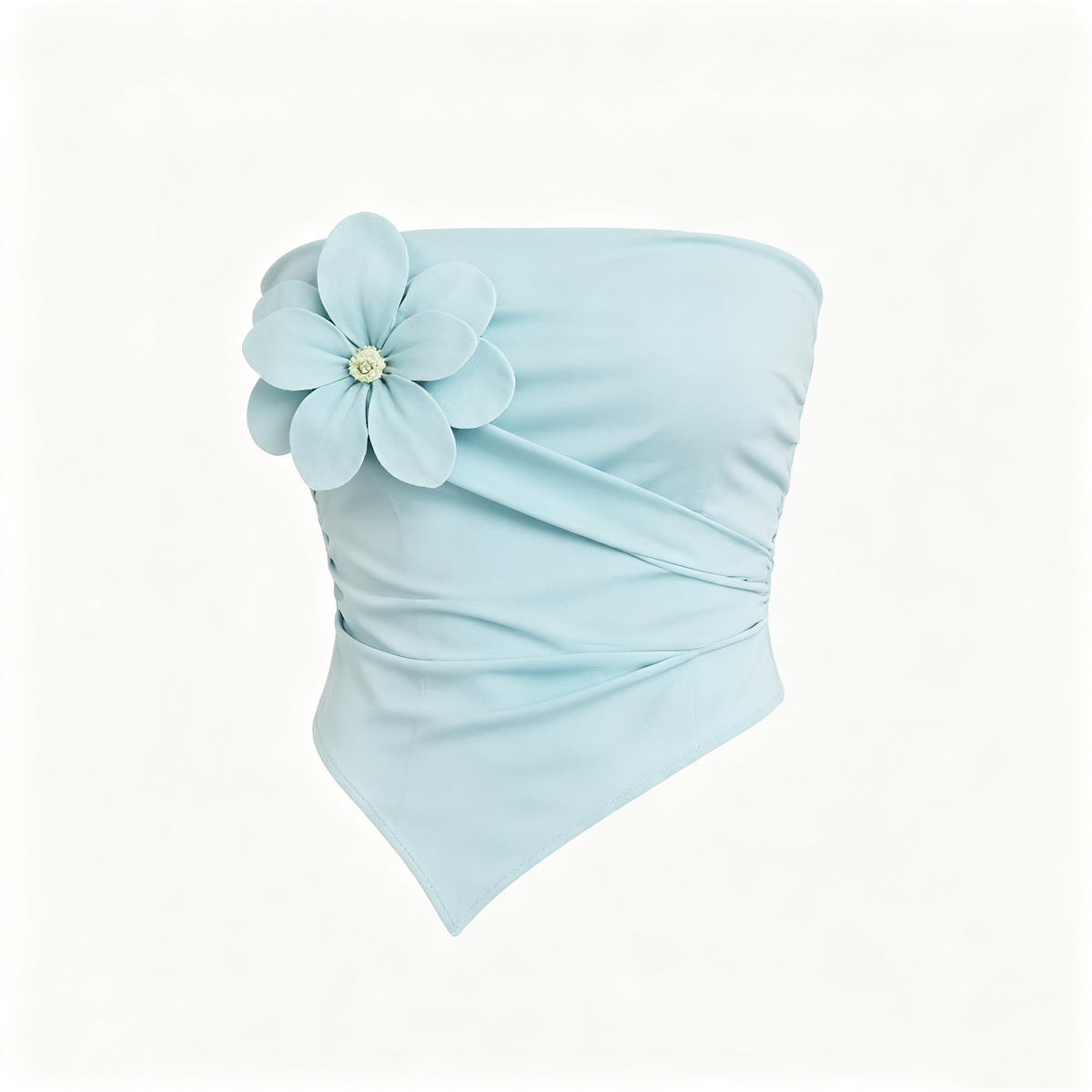 Light Blue 3D Flower Strapless Asymmetric Tube Top
