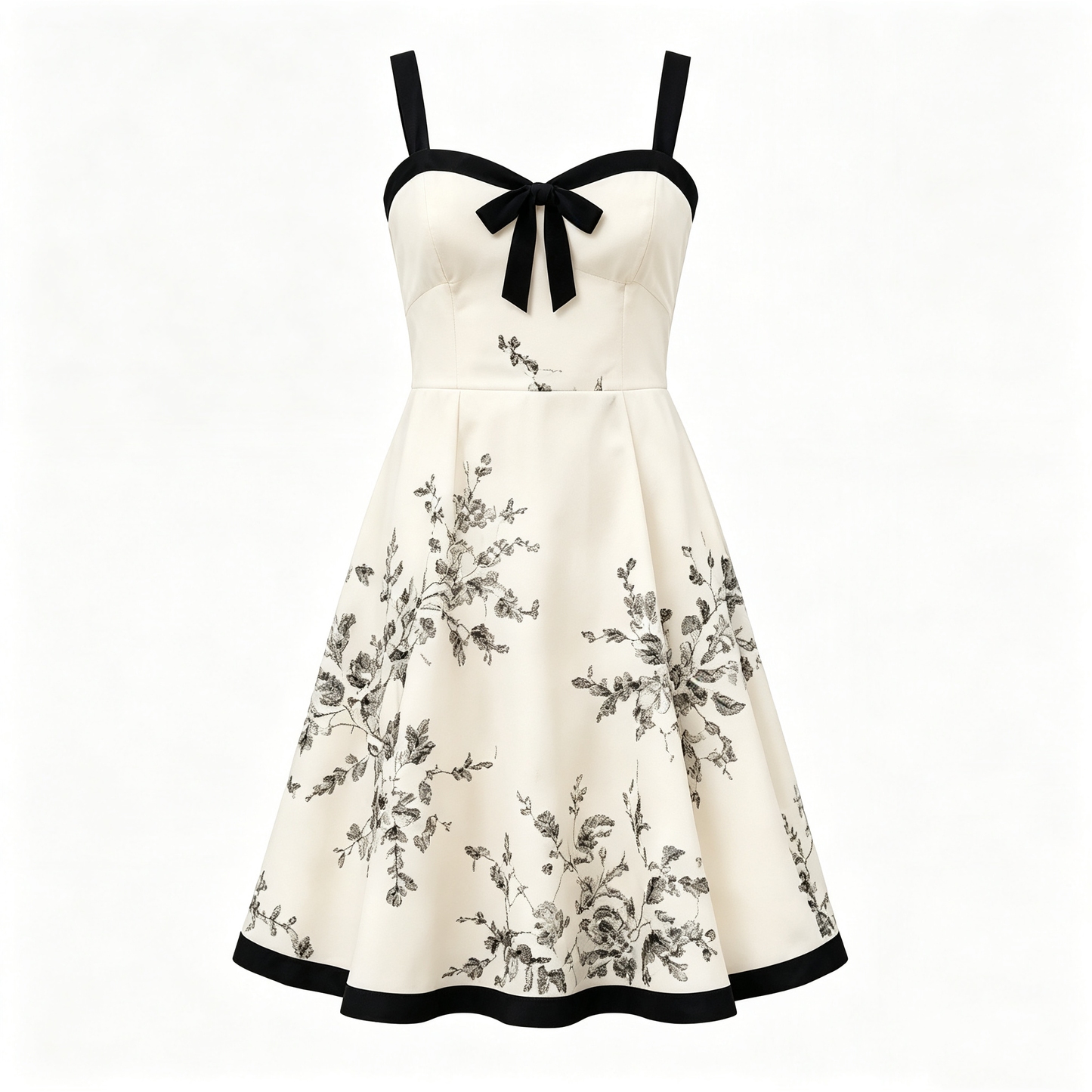 Cream Black Floral Bow Front Mini Dress
