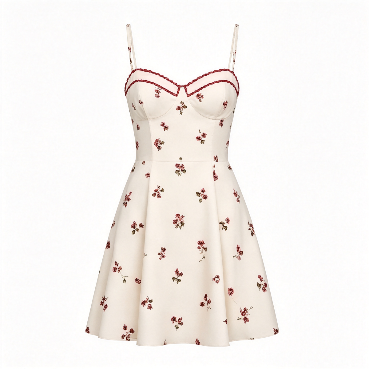 Cream Red Ditsy Floral Lace Trim Slip Mini Dress