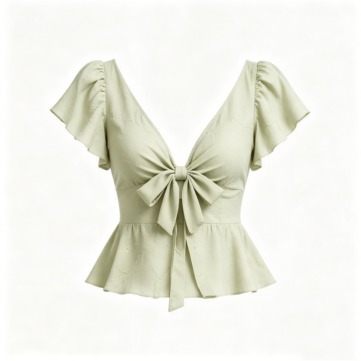 Sage Green V Neck Bow Front Flutter Sleeve Peplum Top