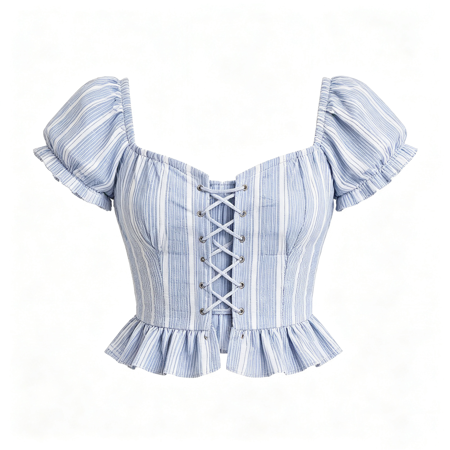 Blue White Stripe Square Neck Puff Sleeve Lace Up Crop Top