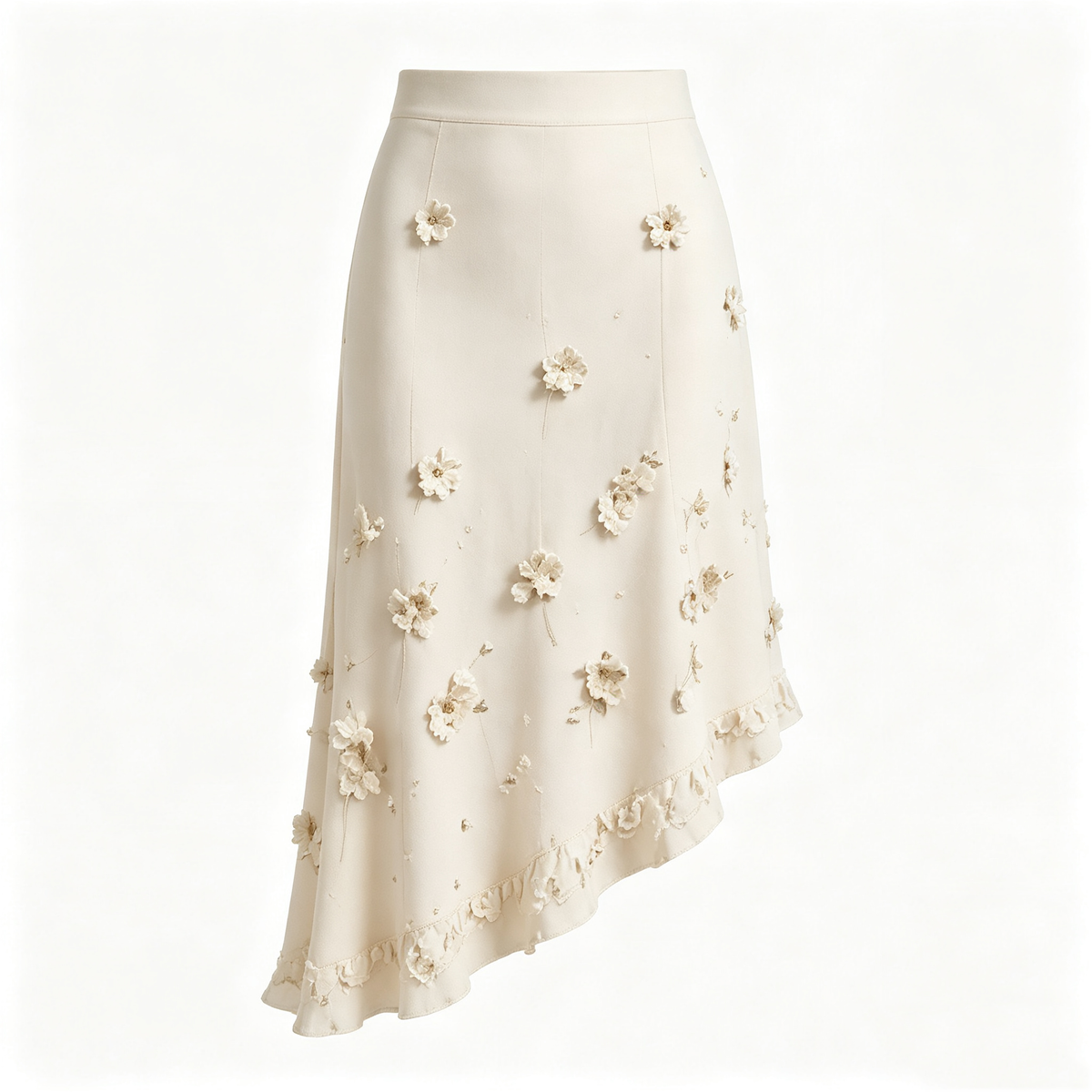 Cream 3D Floral Asymmetric Ruffle Midi Skirt