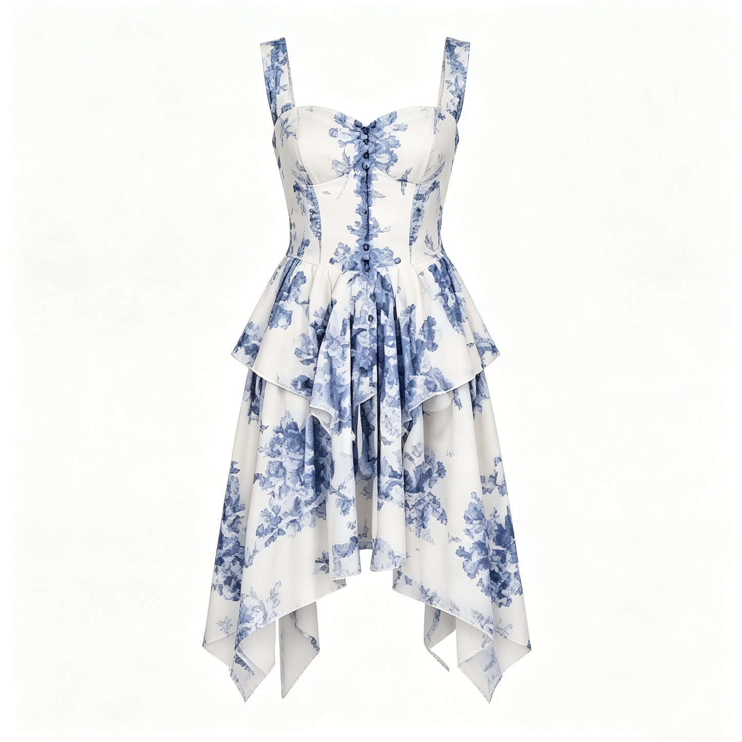 Blue Floral Print Corset Style Irregular Hem Dress