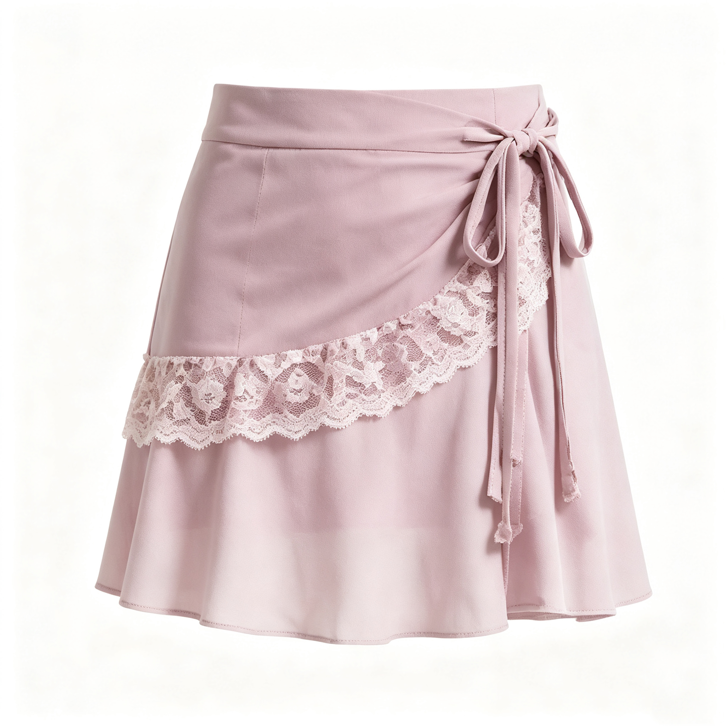 Dusty Pink Wrap Lace Ruffle Tie Mini Skirt