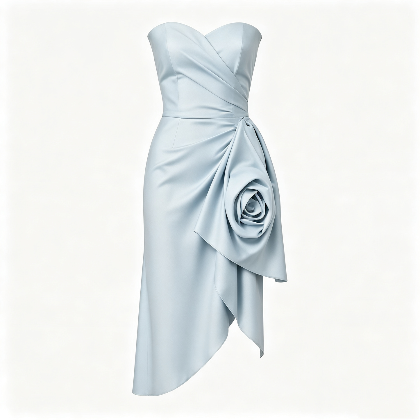 Light Blue Satin 3D Rose Strapless Asymmetrical Midi Dress