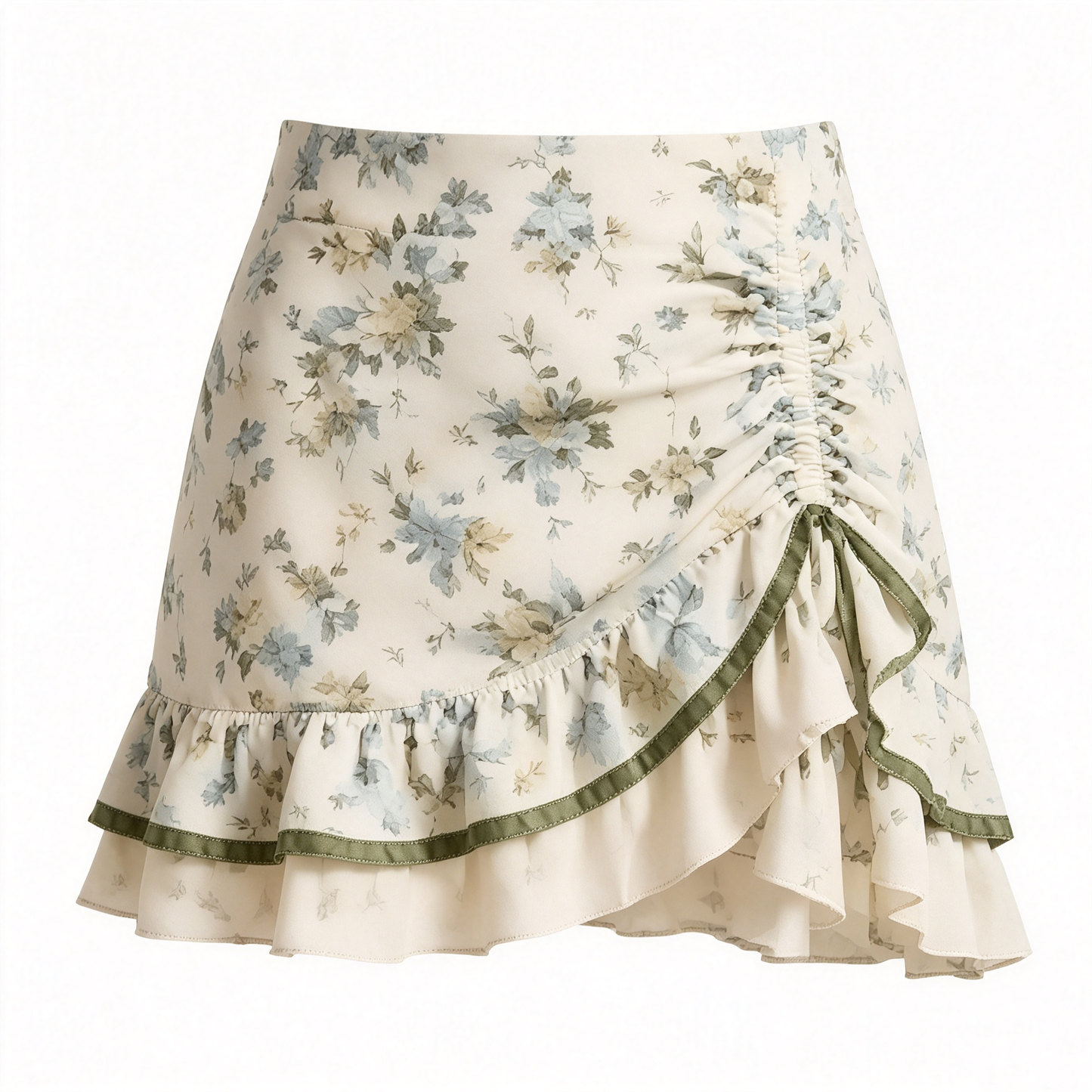 Cream Floral Ruched Ruffle Mini Skirt