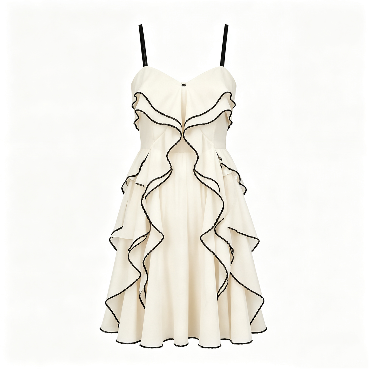 Cream Ruffled Contrast Black Trim Cami Mini Dress