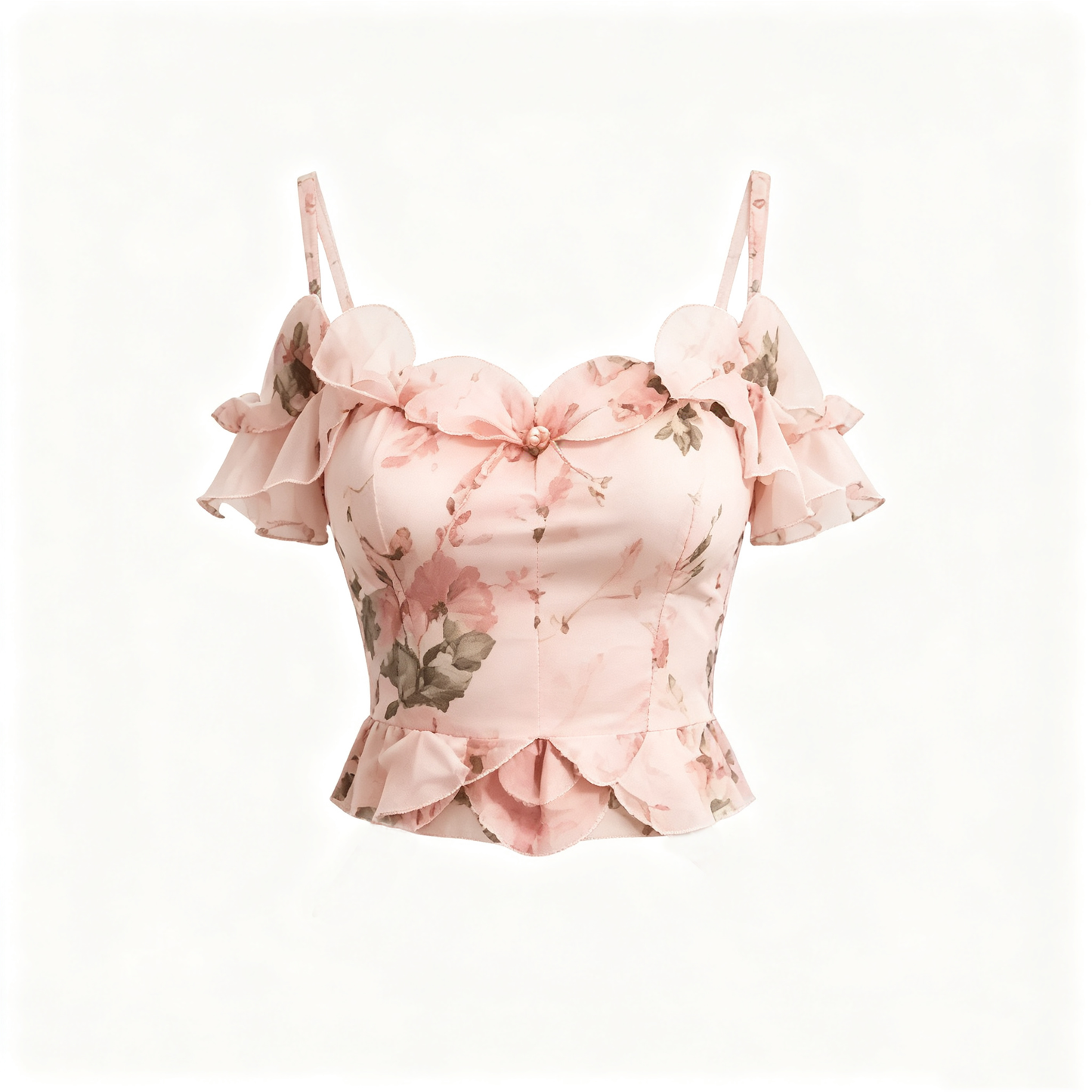 Pink Floral Spaghetti Strap Ruffled Peplum Crop Top