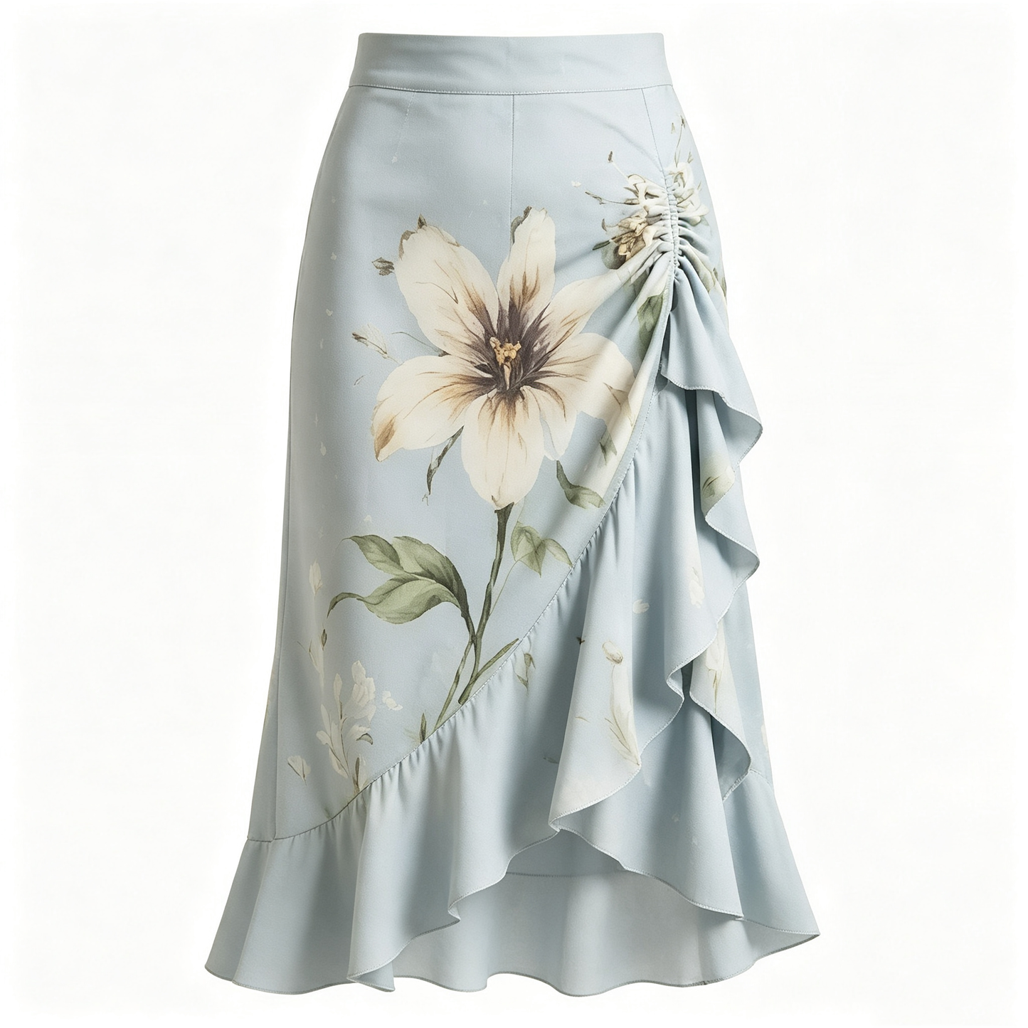 Light Blue Lily Print Ruched Midi Skirt