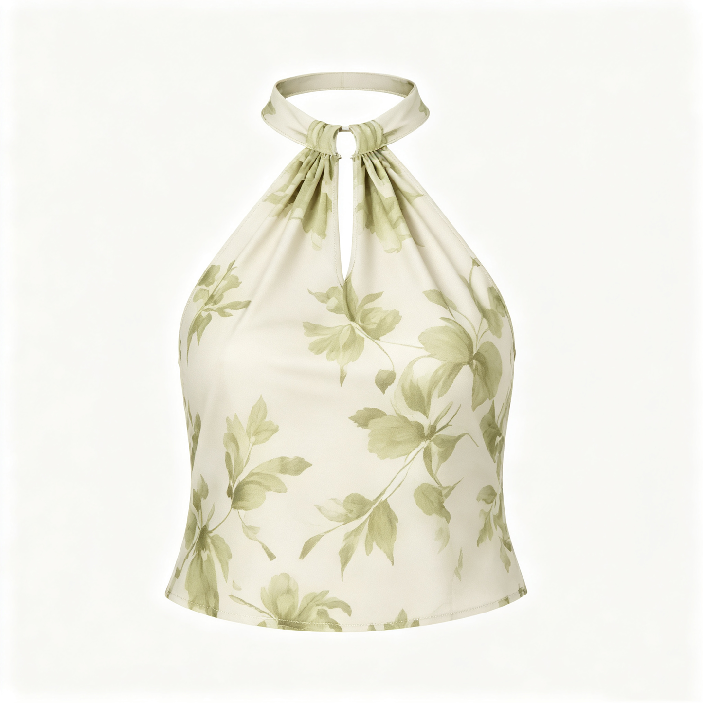 Cream Green Leaf Print Halter Neck Cropped Top