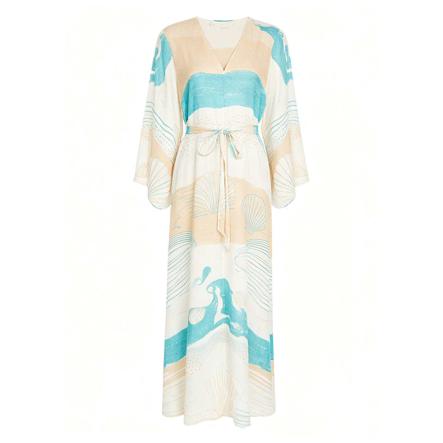 Ocean Shell Print V Neck Belted Maxi Kaftan Dress