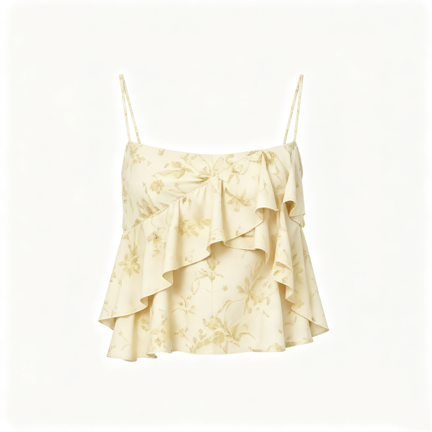 Cream Floral Ruffle Spaghetti Strap Cami Top