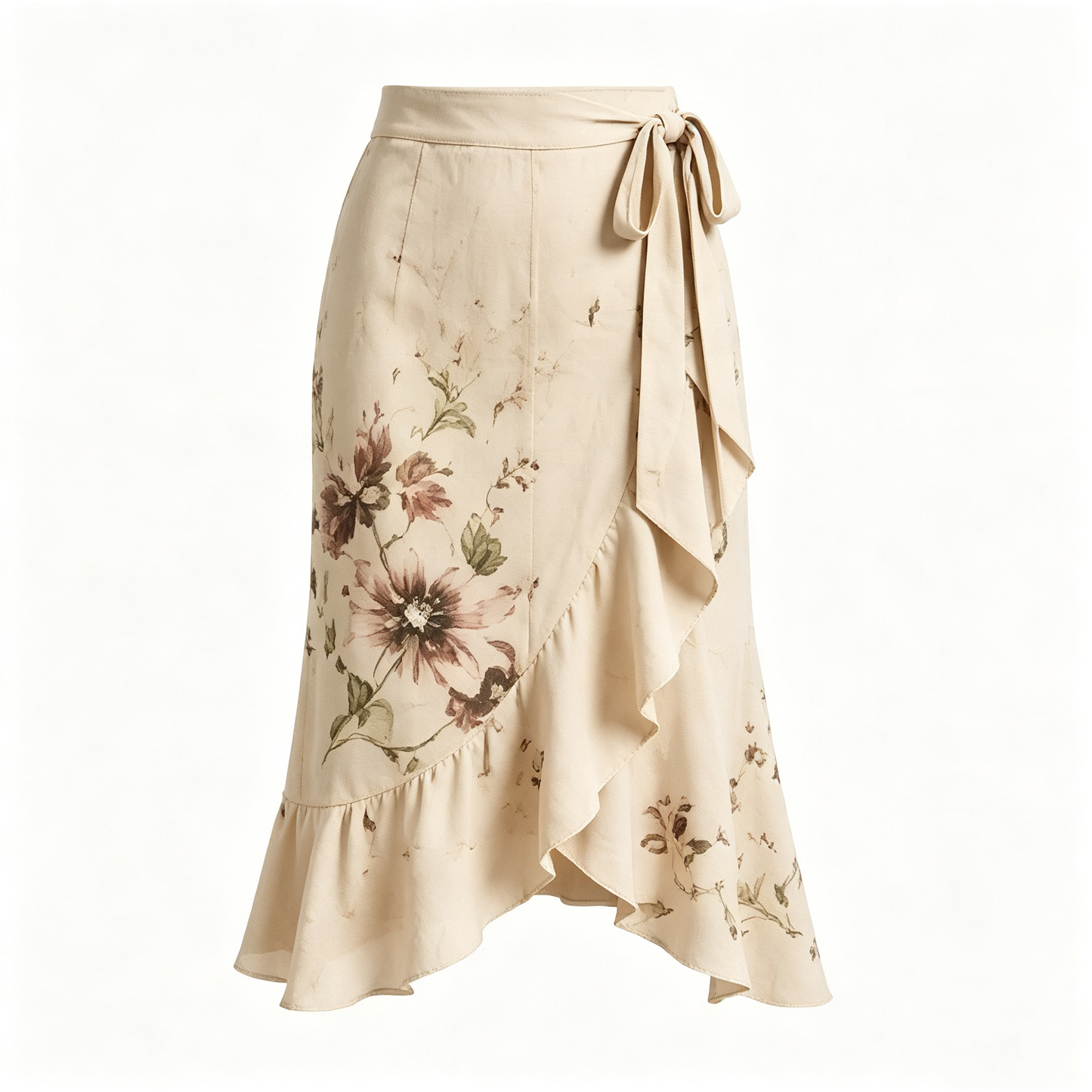Beige Vintage Floral Wrap Tie Ruffle Midi Skirt
