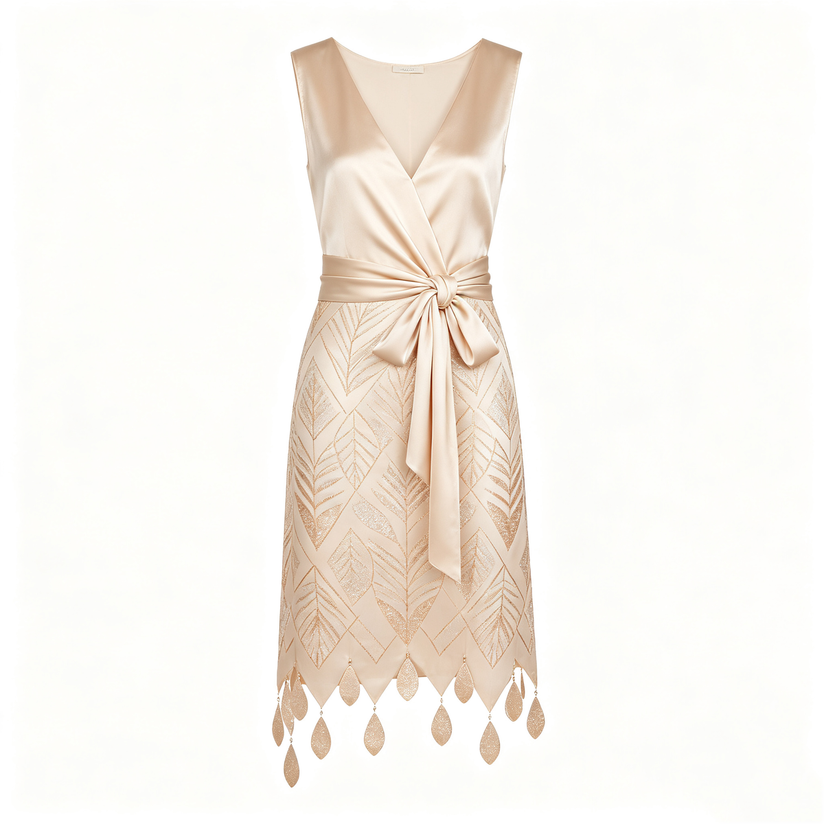 Champagne Satin Leaf Embroidery Sash Waist Midi Dress