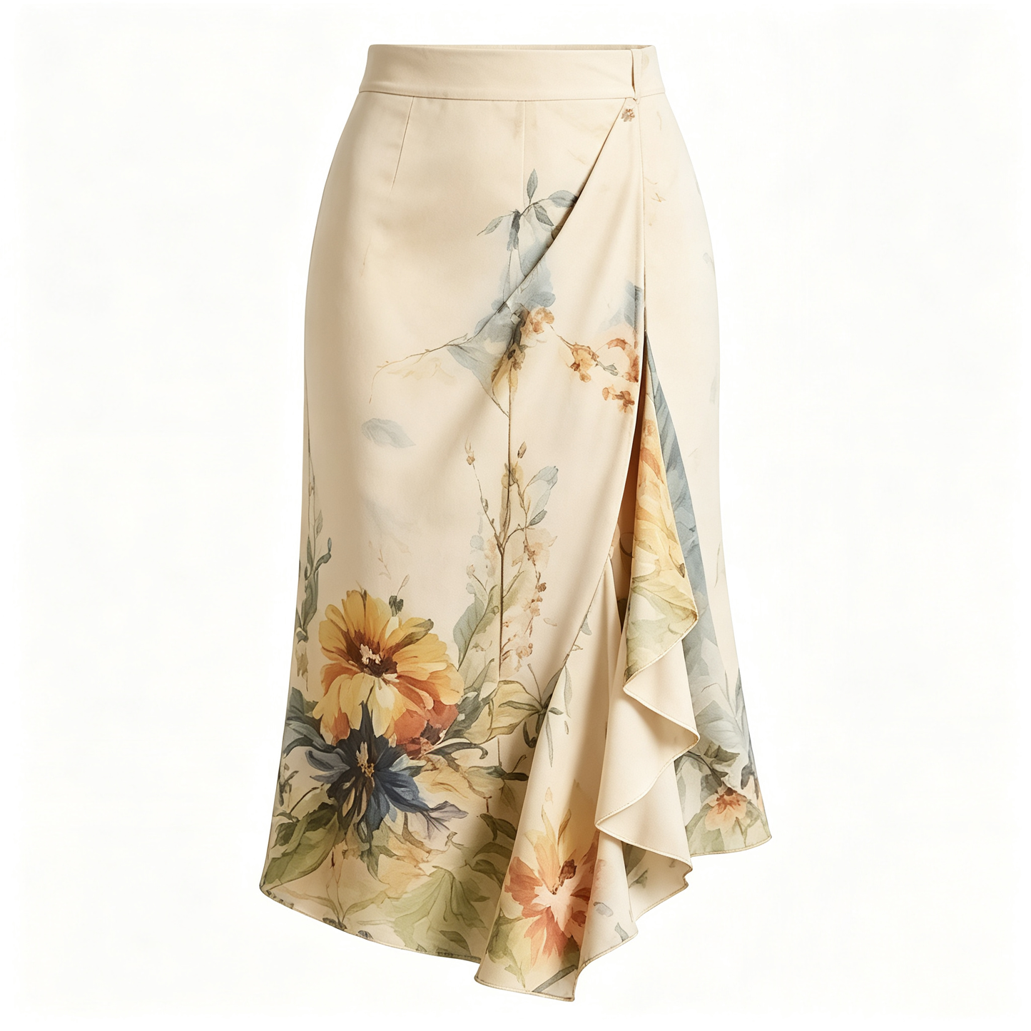 Cream Multicolor Art Floral Asymmetric Wrap Midi Skirt