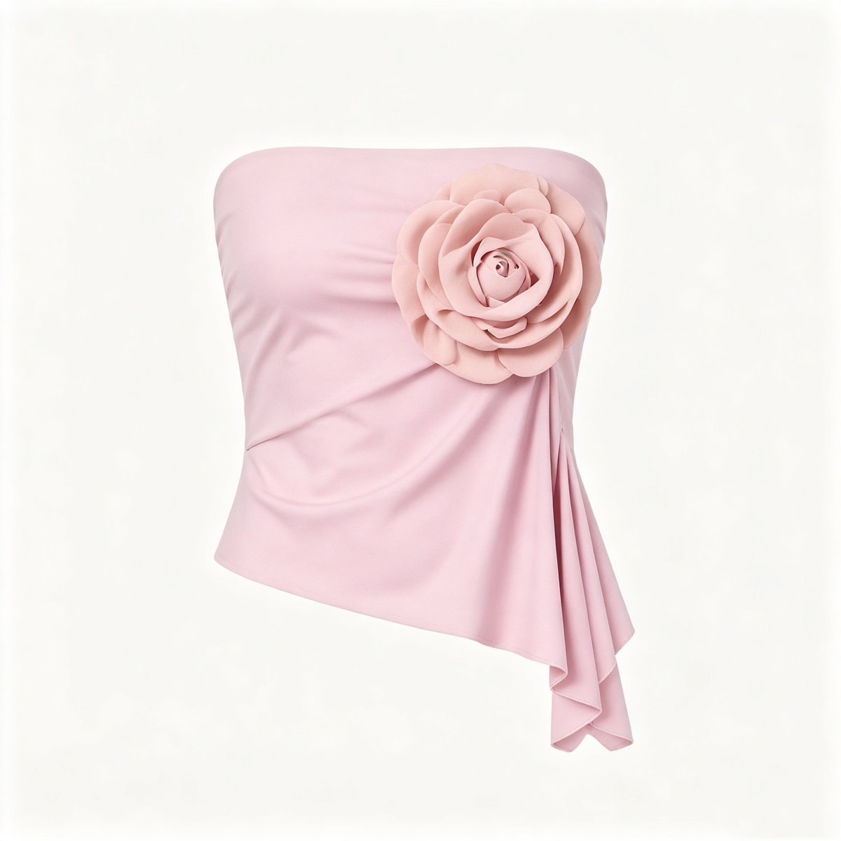 Dusty Pink 3D Flower Tube Top With Asymmetric Hem