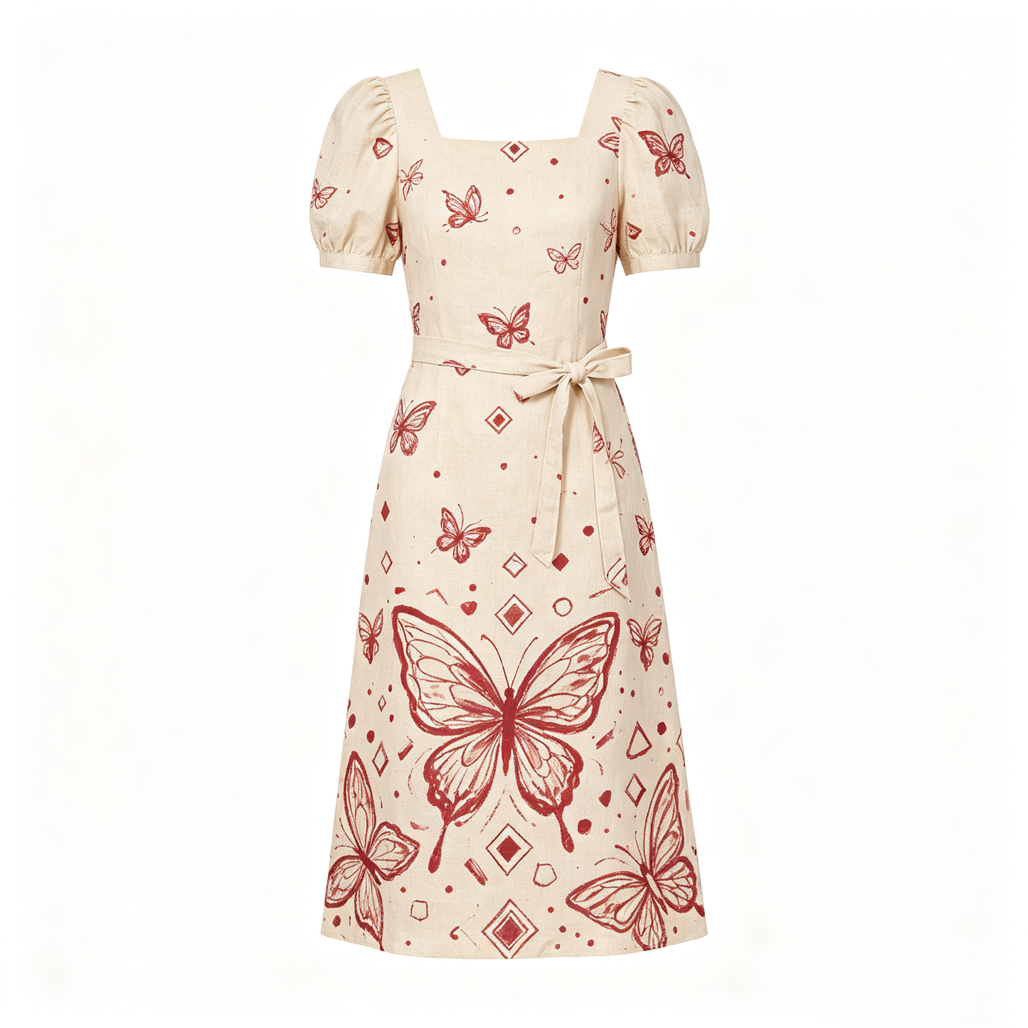 Red Butterfly Print Puff Sleeve Linen Blend Midi Dress