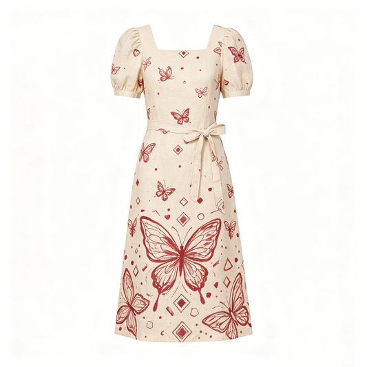 Red Butterfly Print Puff Sleeve Linen Blend Midi Dress