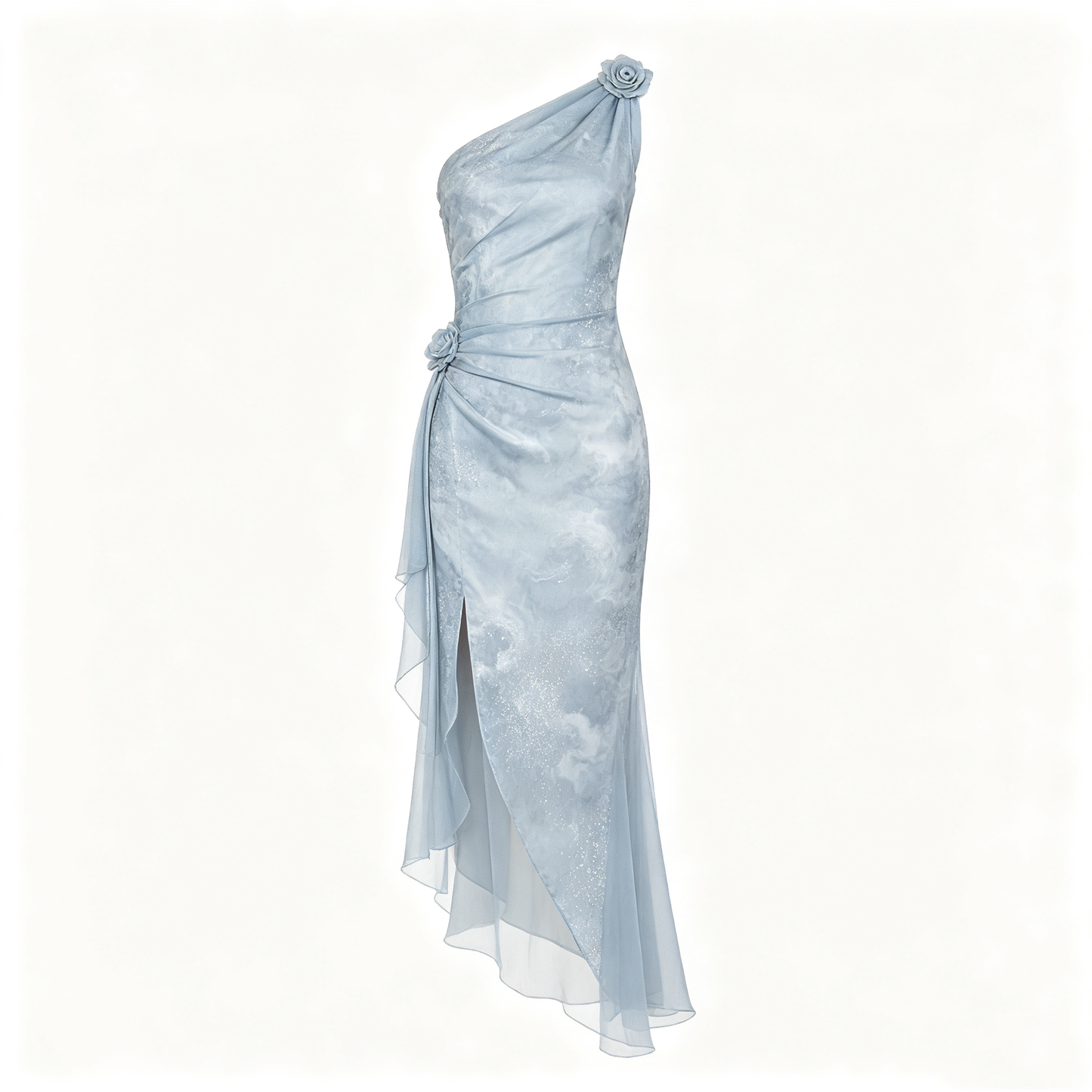 Dusty Blue One Shoulder Floral Applique Slit Midi Gown