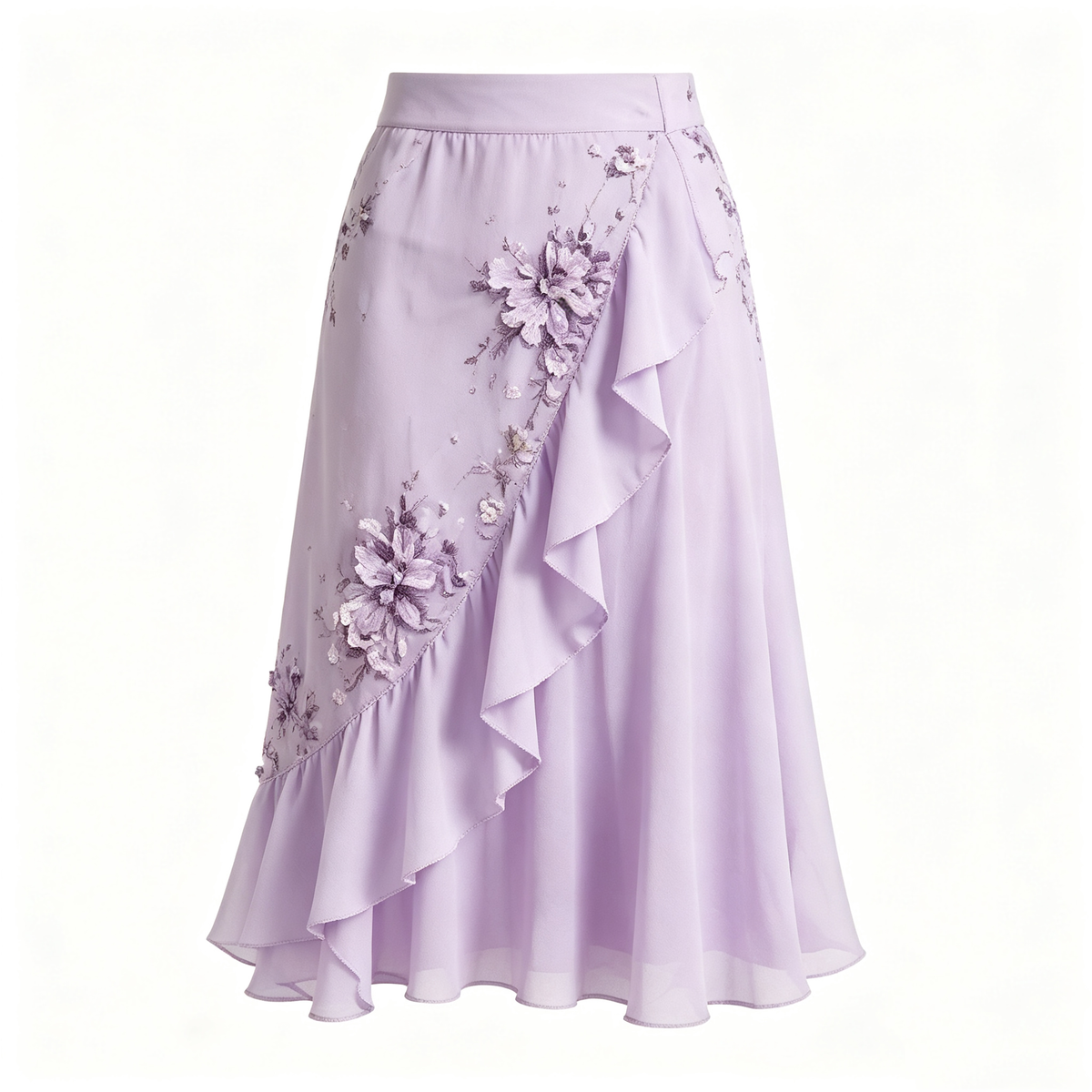 Lavender 3D Floral Embroidered Ruffle Midi Skirt
