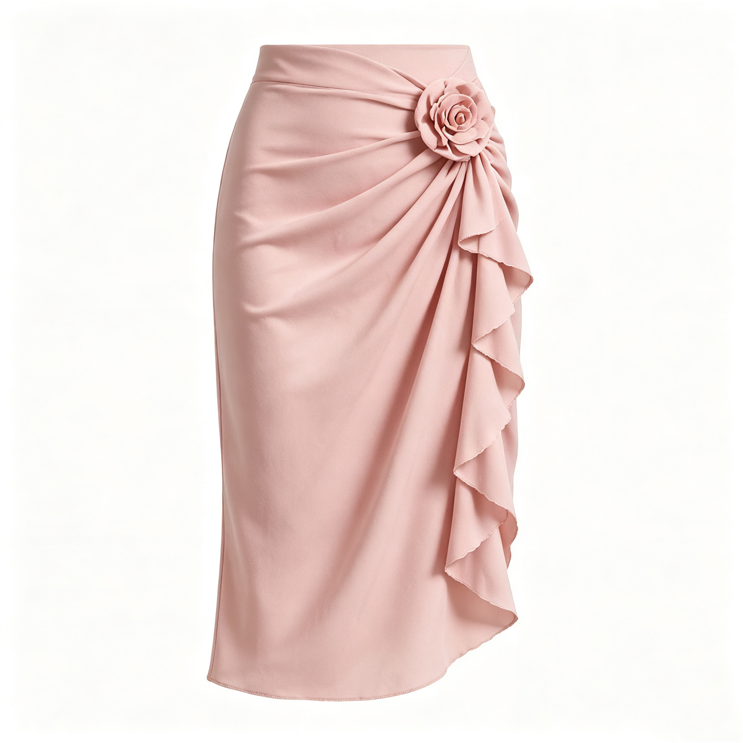 Dusty Pink Ruched 3D Rose Ruffle Midi Skirt