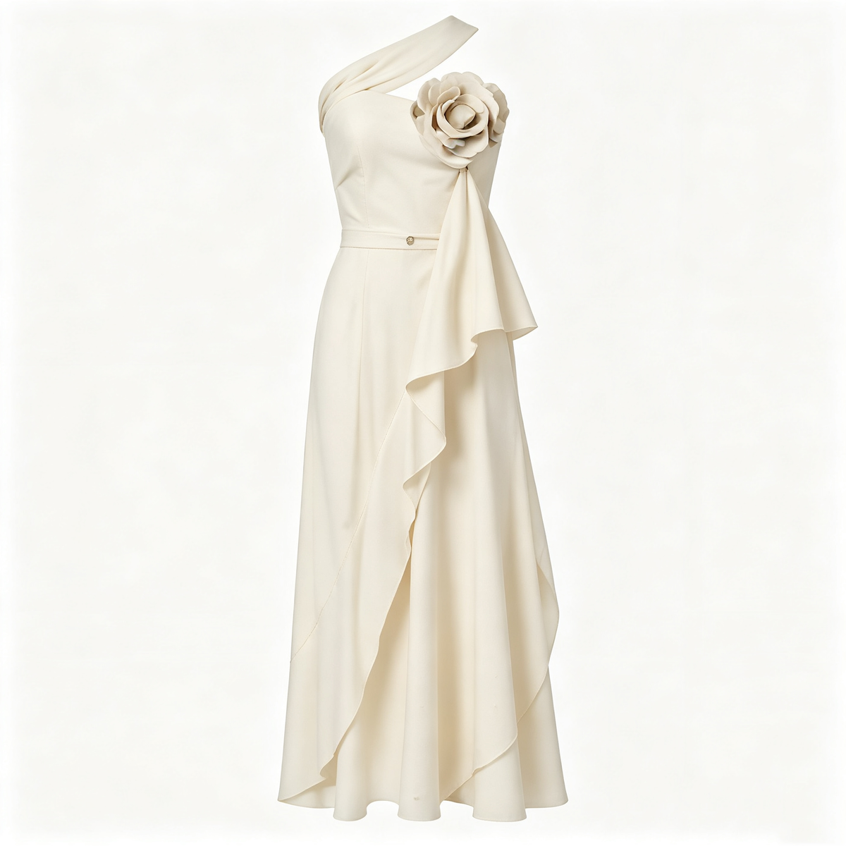 Off White One Shoulder 3D Flower Flowy Maxi Dress
