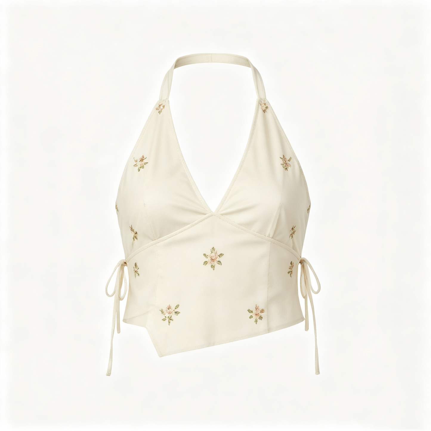 Cream Floral Embroidered Halter Wrap Crop Top
