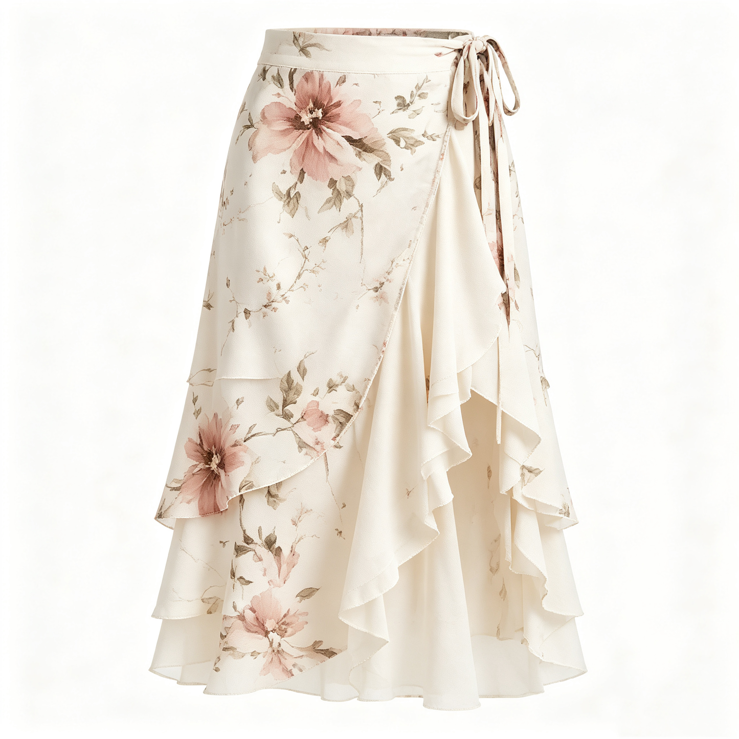 Cream Pink Floral Multi Layer Wrap Tie Midi Skirt