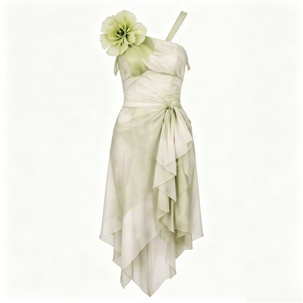 Sage Green Ombre 3D Flower Asymmetrical Midi Dress