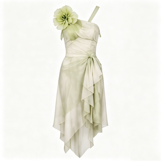Sage Green Ombre 3D Flower Asymmetrical Midi Dress