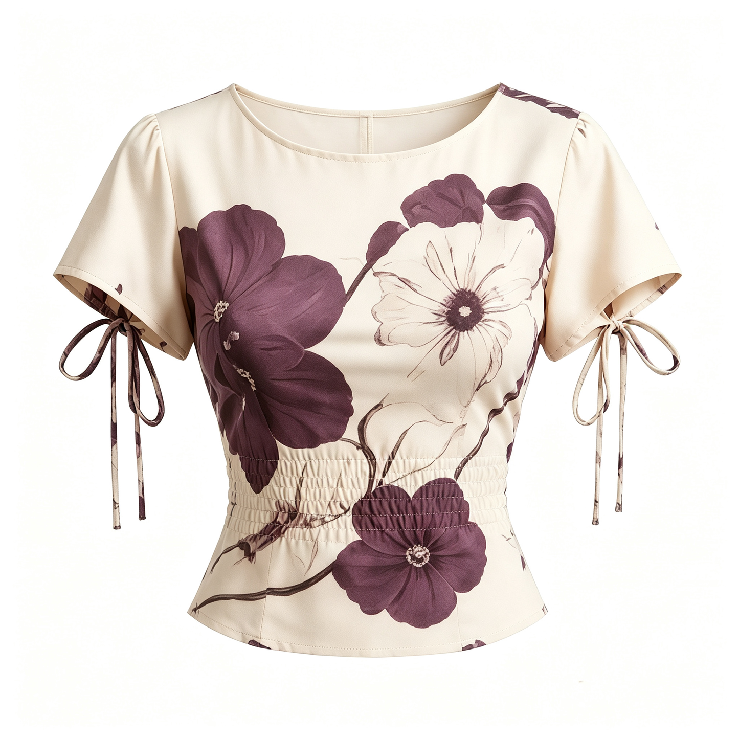 Cream Purple Floral Short Sleeve Side Tie Waist Smocked Blouse